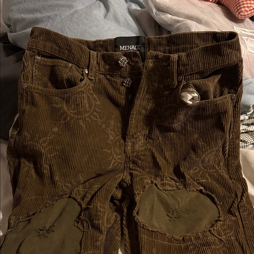 Olive Corduroy Pants with Patchwork